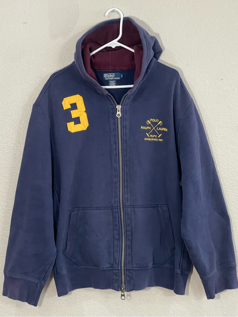 Vintage Polo by Ralph Lauren  Men’s Navy Zip-Up Hoodie with Yellow Number 3